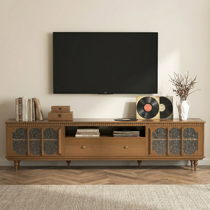 78.74" Media Console with Decorative Relief-Pattern Doors, Extra-Long TV Stand with Flexible Storage, Warm Walnut