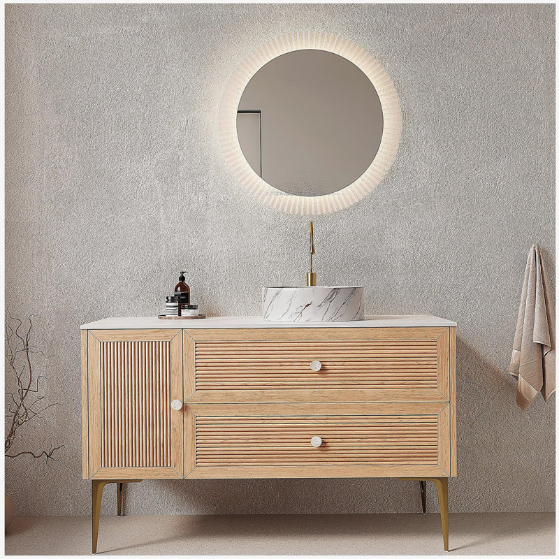 Munin 48" Bathroom Vanity with Sink, Freestanding Plywood Storage Cabinet with 4 Metal Legs, Door and 2 Drawers, White Ceramic Basin with Stone Pattern, NO Faucet, Pre-assembled, Oak Woodgrain Color