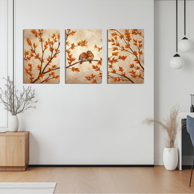 Ensemble de 3 tableaux sur toile représentant des feuilles d'automne et des oiseaux, pour la décoration du salon et de la chambre.