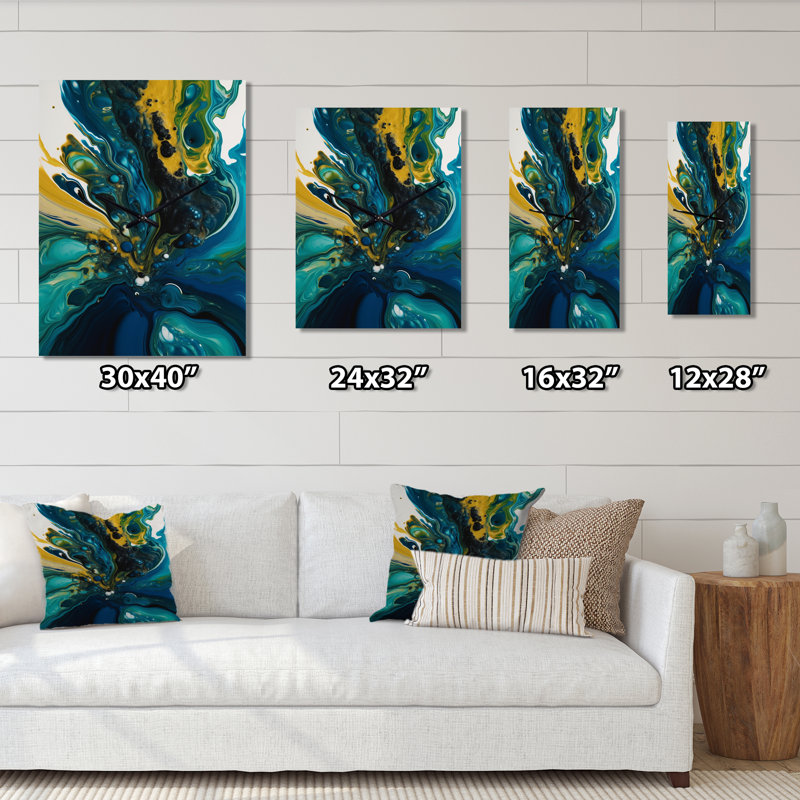 Horloge murale abstraite bleu sarcelle et jaune, Petit