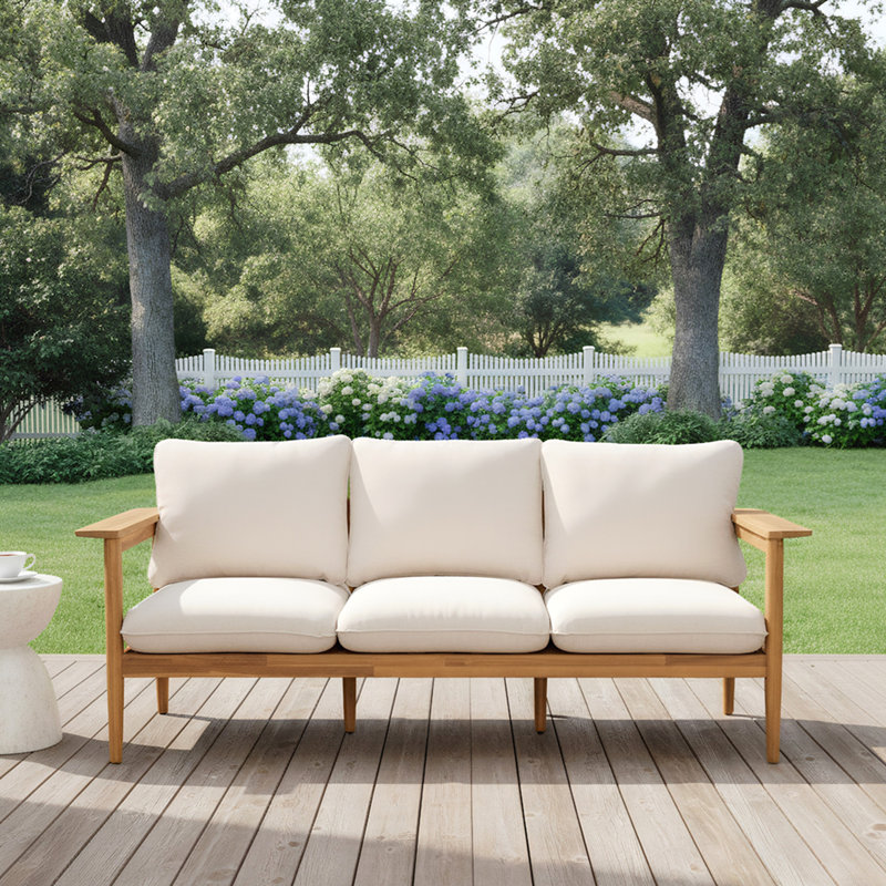Canapé d'extérieur en bois d'acacia 3 places Terassi, finition teck clair avec coussin beige
