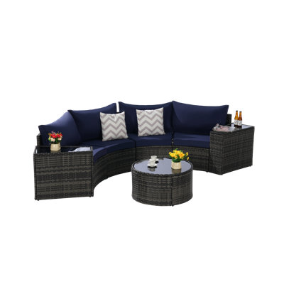 Aurex  4-Person Modern Coastal Outdoor Half-Moon  Wicker Sectional Sofa Set with Tempered Glass Round Coffee Table and Cushions
