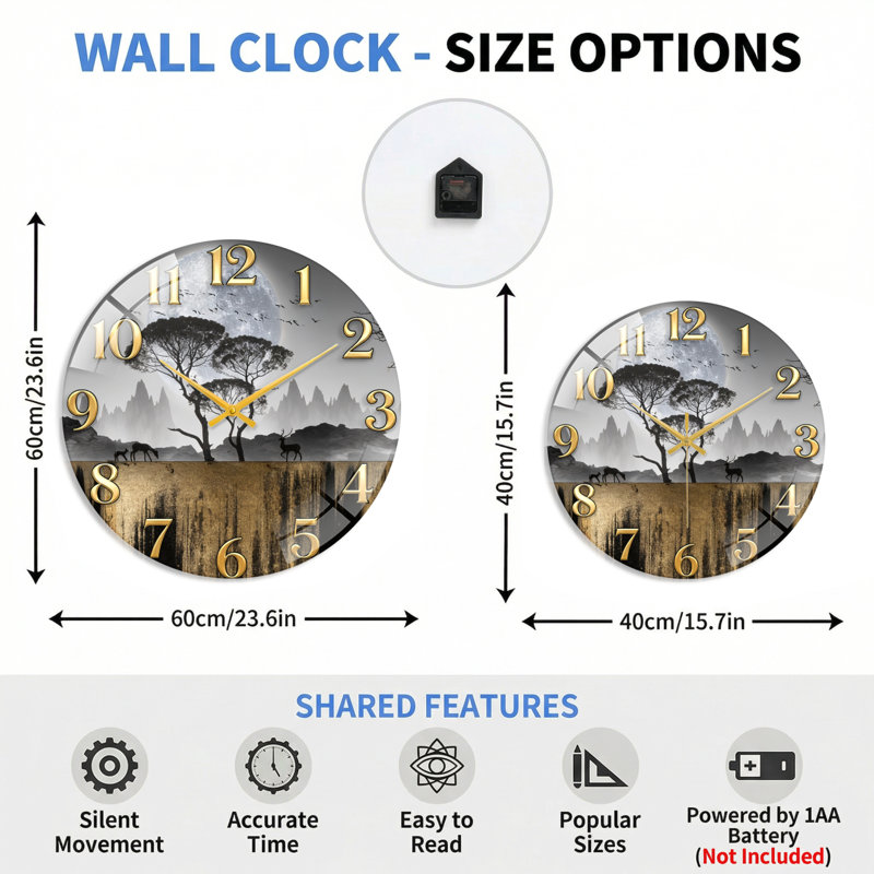 Horloge murale de 23,6 po, 60 x 60 cm (23,6 x 23,6 pouces)