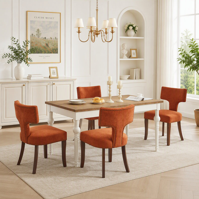 Ensemble de 2 chaises de salle à manger de style Mid-Century moderne, dossier courbé rembourré en tissu de lin ferme avec clous en cuivre, chaises de cuisine avec cadre en bois franc, orange