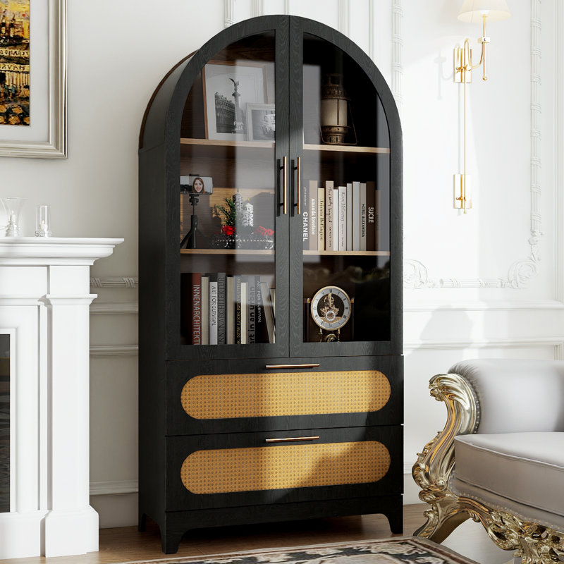 Armoire de rangement arquée en bois avec portes en rotin, étagère de présentation autoportante à 3 niveaux avec rangement caché