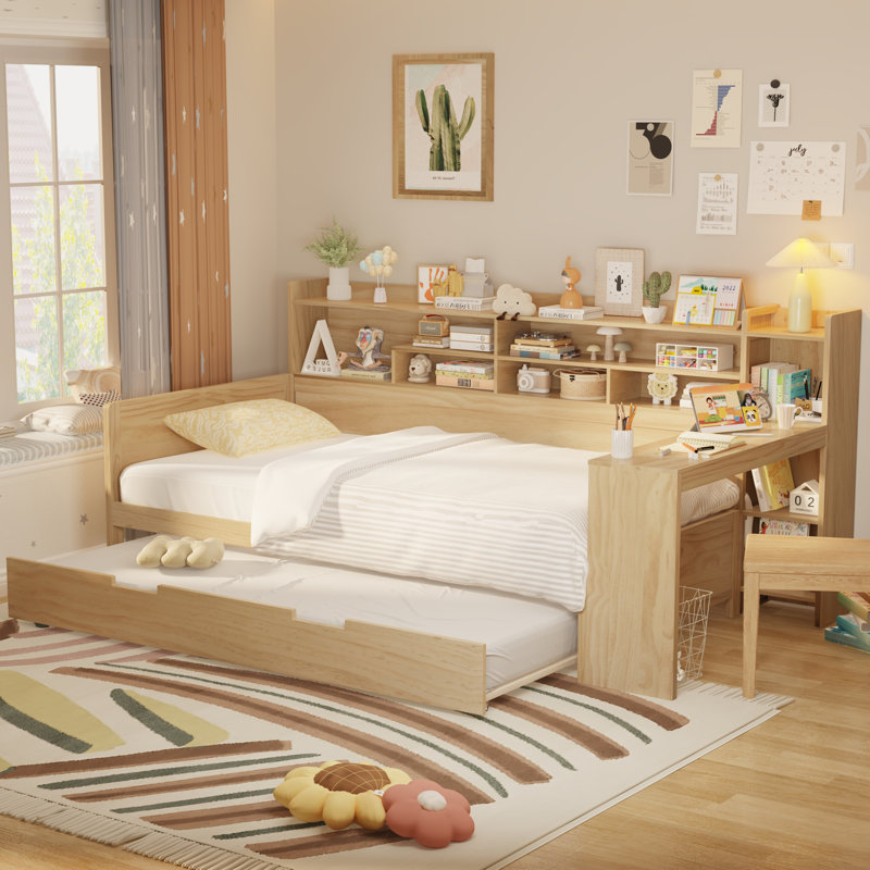 Wooden Daybed With Storage Shelves, Multi-Functional Bed With Trundle Bed And  Study Desk,, Twin, Natural