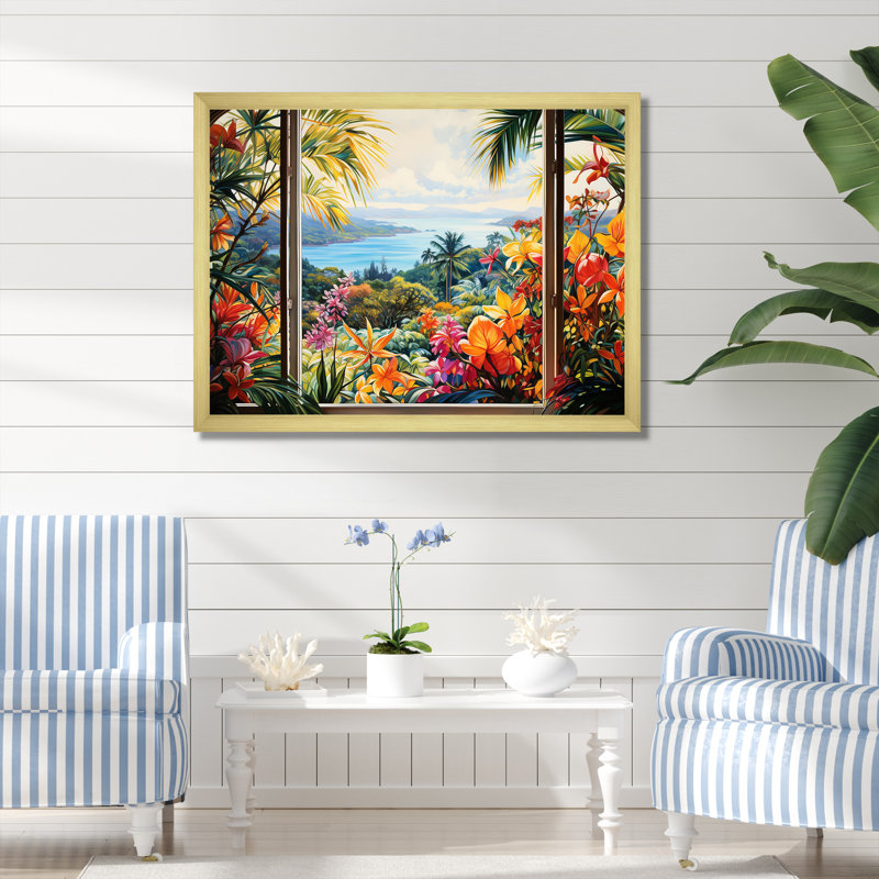 «Tropical Windows View Blooms 4 - Coastal Windows», art mural, H 28 po x l 60 po x P 1,5 po, Cadre flottant brun