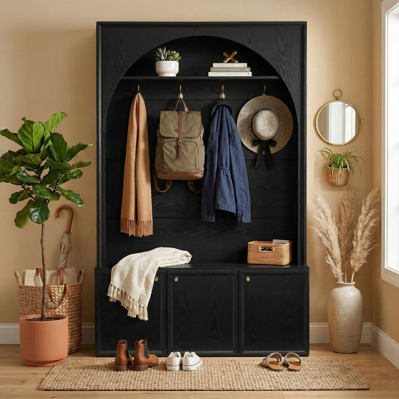 49” Wide Arched Entryway Hall Tree, Black