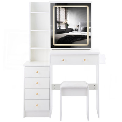 37" Middle Size Left Bedside Cabinet Vanity Table + Cushioned Stool Dresser Set, 2 AC+2 USB Socket, Hair Dryer Stand, Large Touch Control LED Sliding by Ivy Bronx
