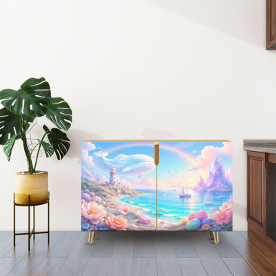 Sideboard Buffet Cabinet with Storage Whimsical Coastal Scene Whale Rainbow Colorful Flowers with 2 Doors for Living Room and Kitchen