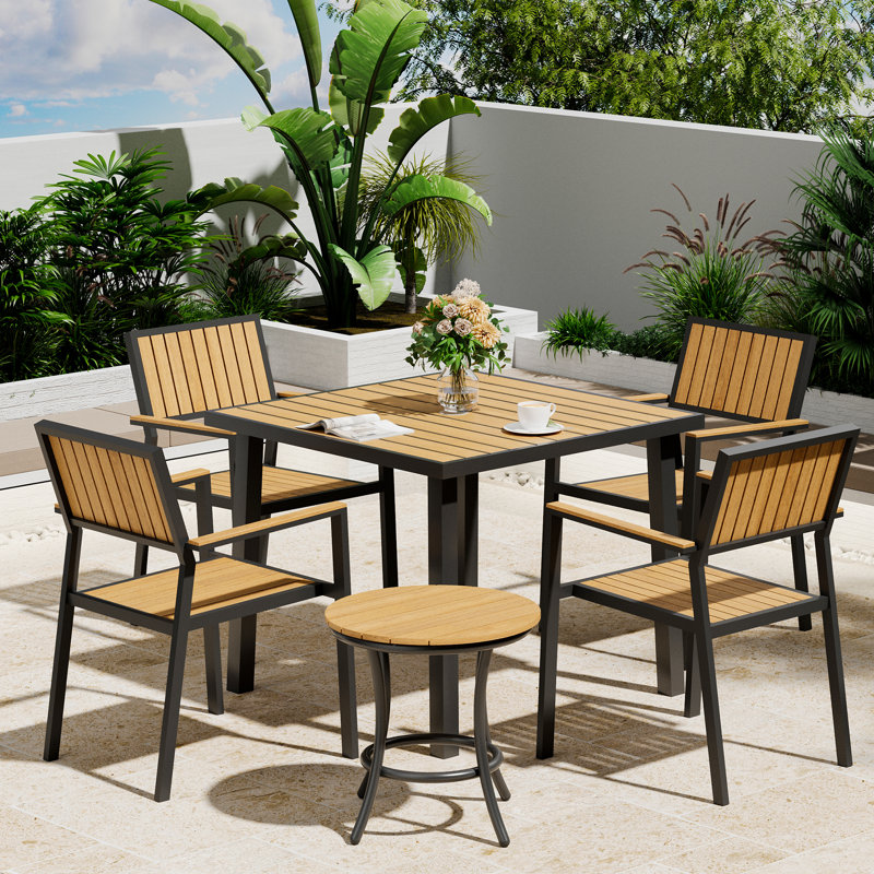 Ensemble repas d'extérieur en aluminium avec table de salle à manger, petite table d'appoint et chaises empilables Loddon, 4