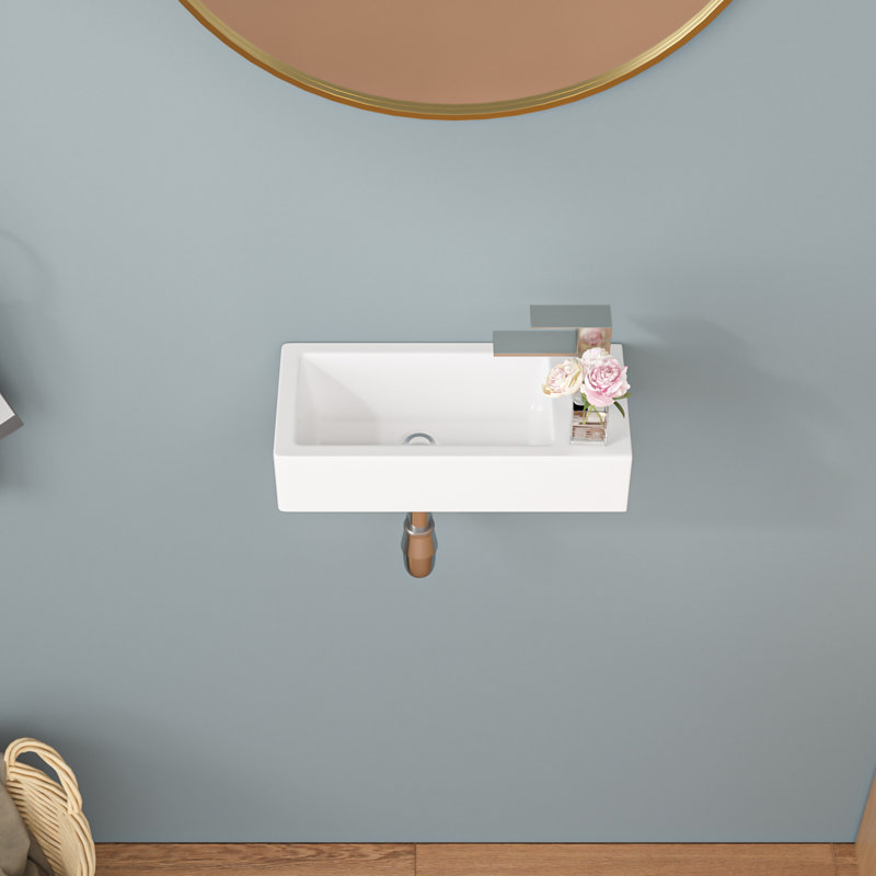 15" L x 7" W Rectangular White Ceramic Wall Mount Bathroom Sink with Faucet Hole