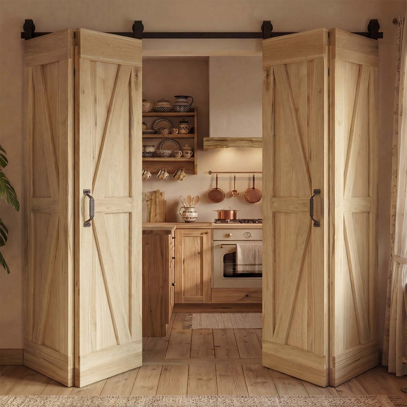 Favian Double Bi-Folding System Solid Oak Barn Door, Unfinished