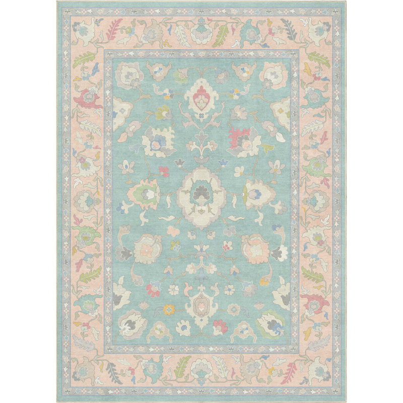 Bungalow Rose Adrith Konya Updated Traditional Oriental Pastel Green Area Rug, Rectangle 6' x 9'