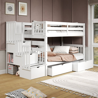 Tena Twin over Twin Solid Wood Standard Bunk Bed with a 3 Step Stairway, 3 Built-In Drawers and 2 Under Bed Drawers, White