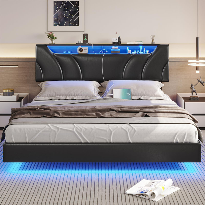 California King Bed Frame With Storage Headboard And Led Lights, California King Floating Bed Frame With Type-c And Usb Ports, Visual Floating Platform Bed, No Box Spring Required, Black