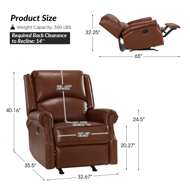 Fauteuil inclinable manuel berçant en cuir véritable avec accoudoirs roulés de 32,67 po de large Rimini, Cuir véritable brun