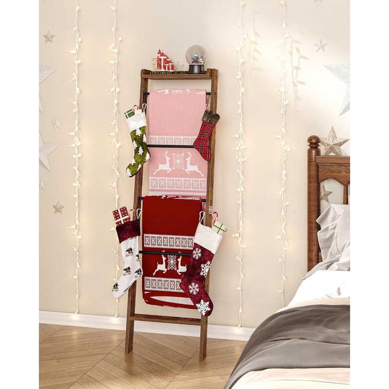 Échelle de couverture en bois rustique à 6 niveaux avec crochets amovibles, support de rangement pliant