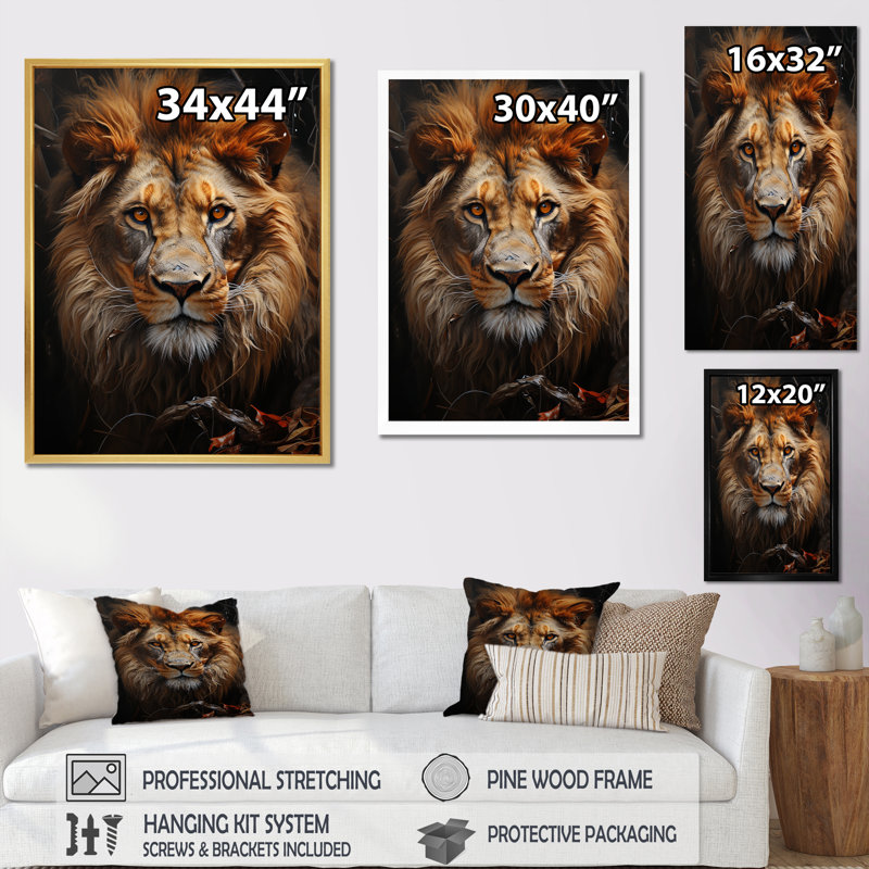Intense Lions Gaze Realism III sur toile, Cadre flottant doré, H 44 po x l 34 po x P 1,5 po
