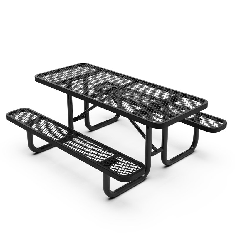 Kristy Commercial Grade Expanded Mesh Metal Outdoor Picnic Table with Anchors, Black, 29.5" H x 72.25" W x 61.75" D