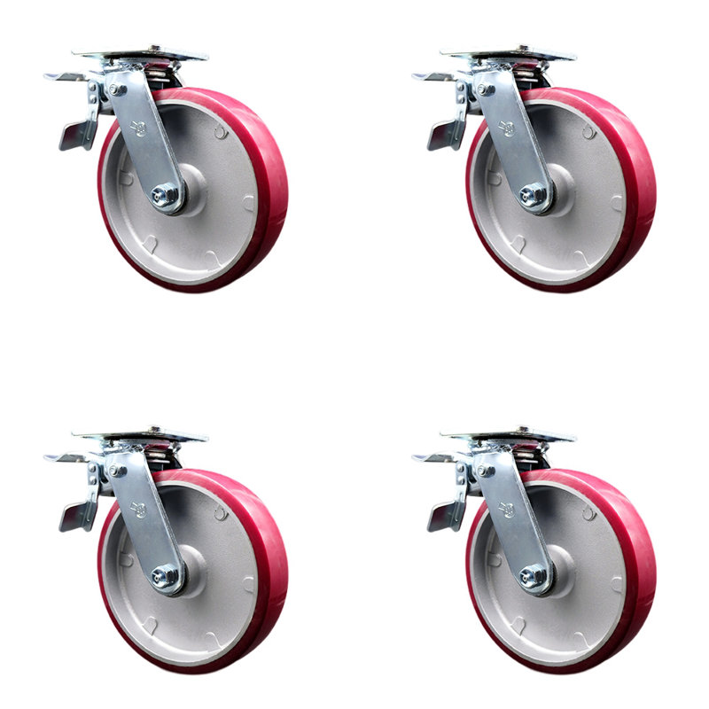Ensemble de roulettes 8 po en poly sur aluminium avec roulements à rouleaux et freins à verrouillage total