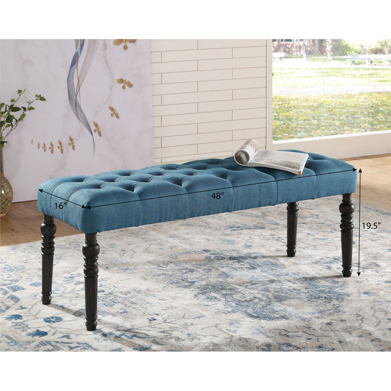 Dining Bench In Blue Fabric - Solid Wood Frame & Turned Legs, 48"W X 16"D 19.5"H Leg For Home Decoration , Wood, 48W 16D 19.5H