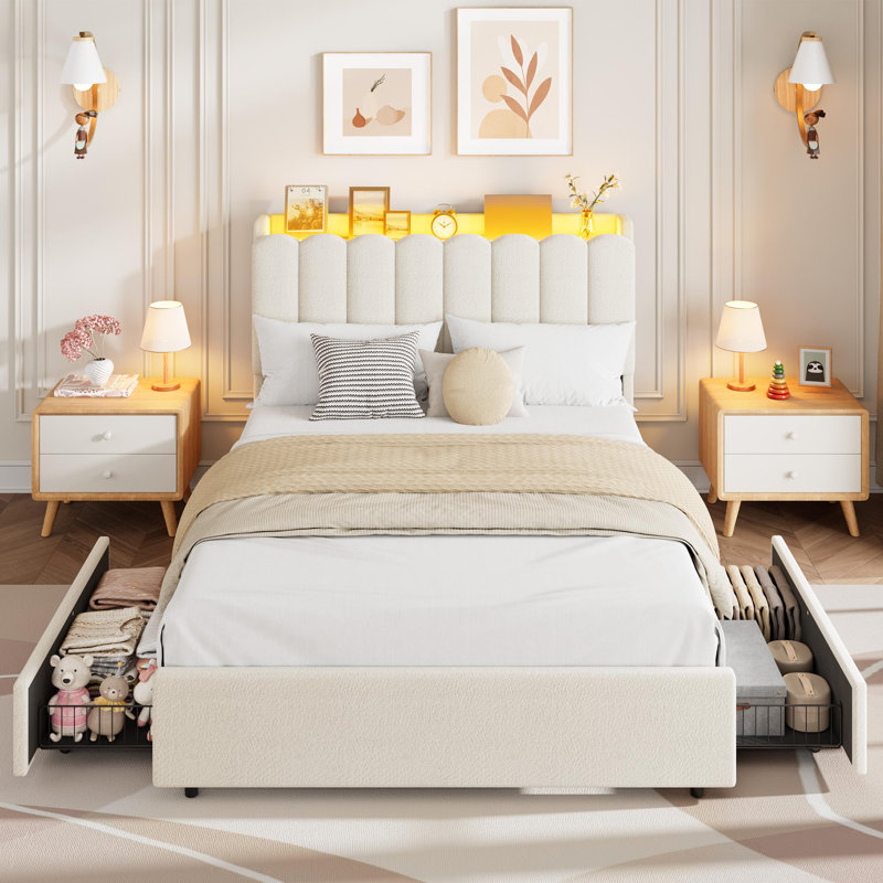 Full Size Bed Frame with Storage Headboard, Kids Bed Frame with 2 Drawers, Boucle Upholstered Platform Bed for Girls, Chic Wavy Headboard with Bookcase, No Box Spring Needed