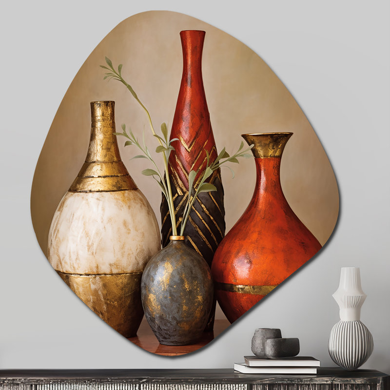 Cottage, vase rouge, fleurs de blé séché II - Boho, poterie, nébuleuse, art mural asymétrique en métal, H 28 po x l 25 po