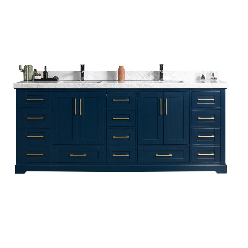 Eser 84'' Double Bathroom Vanity with Top, Straight Empira Quartz, Navy Blue