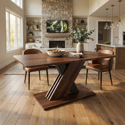 71 Inch Modern Extendable Dining Table, Staggered X-Shaped Metal Base, Woodgrain Melamine Finish, Seats 6 to 8, Versatile for Kitchen or Dining Room