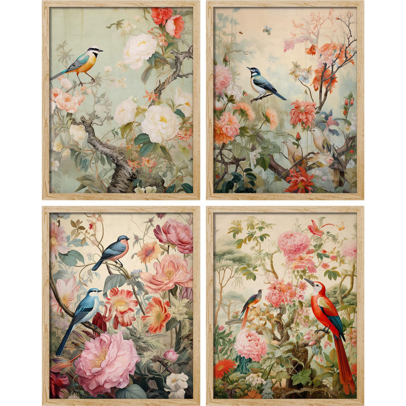 Birds On Flower Blossom Branches Vibrant Colorful Pictures Framed Wall Art 4 Pieces Paper Print, Natural, 14" H x 11" W