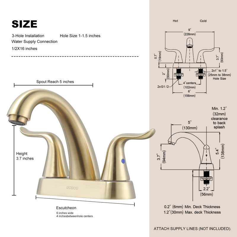 Centerset 2-handle Bathroom Faucet with Drain Assembly, Gold