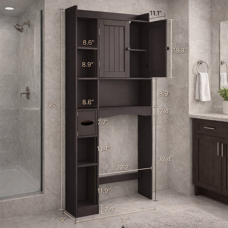 66'' H Freestanding Over The Toilet Storage，Bathroom Storage With Adjustable Shelf, Walnut