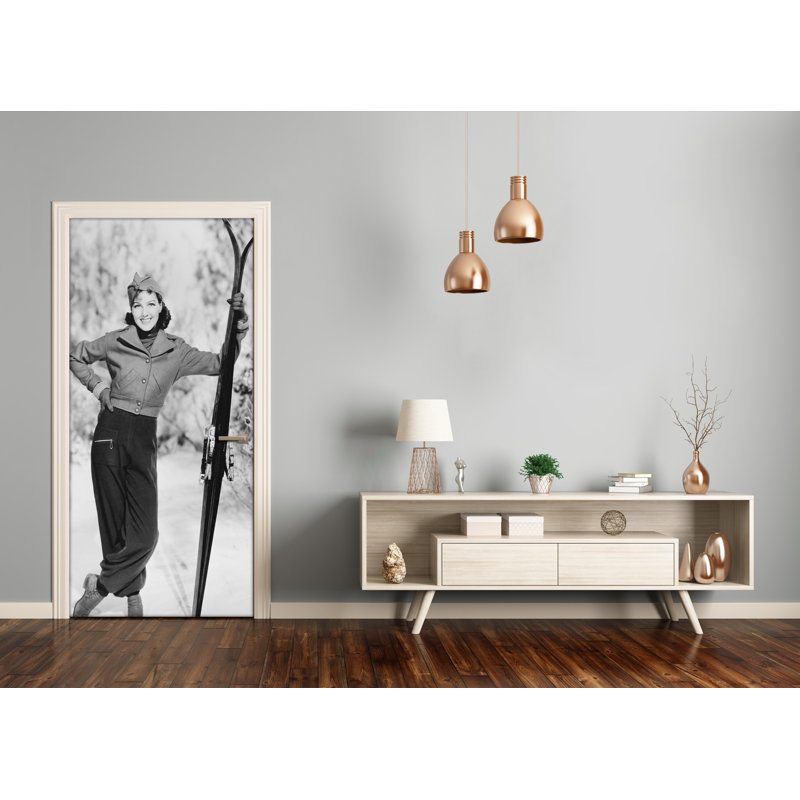 Woman With Skis Door Decal, 205cm H x 85cm W