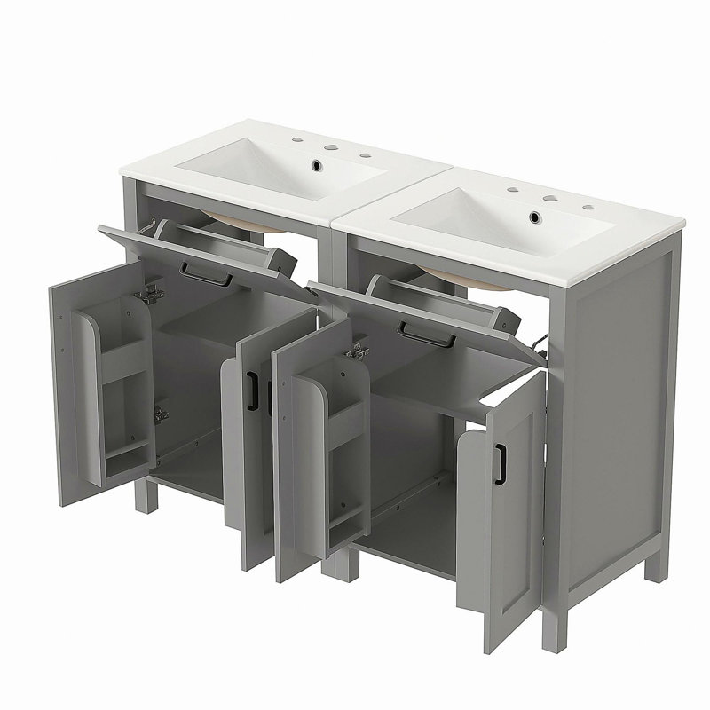 Meuble-lavabo moderne de 48 pouces avec lavabo en céramique, portes à fermeture en douceur, tiroir rabattable, tablettes de porte à double couche, solution de rangement élégante