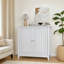 Armoire de rangement à double porte, armoire de rangement autoportante moderne Mid-Century, armoire de rangement de salle de bain avec boutons argentés pour le salon, la cuisine, la salle de bain, le couloir