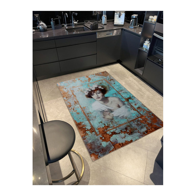 Tapis décoratif moderne à motif abstrait lavable à la machine bleu et brun, Sous-tapis rectangulaire 2 pi 6 po x 4 pi 11 po