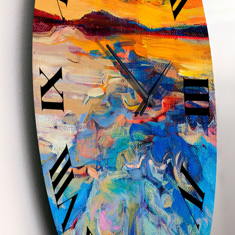 Orange coucher de soleil sur des vagues bleues - horloge murale nautique et côtière, Petit