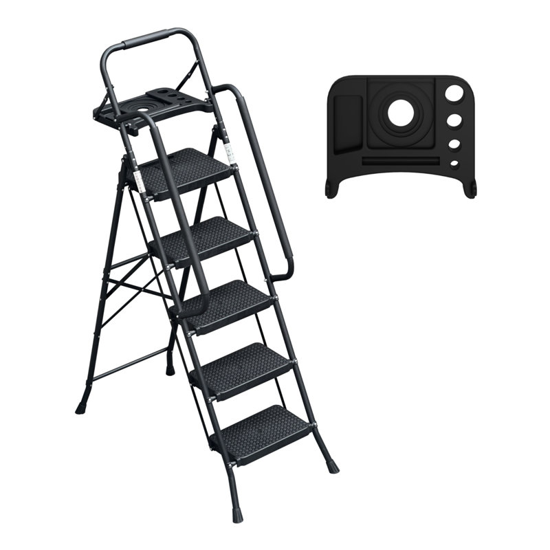 Échelle pliante à cinq niveaux avec plateforme à outils pour main courante, pliable, marchepied large antidérapant, tabouret portatif pour adulte, adapté à la cuisine à domicile, noir