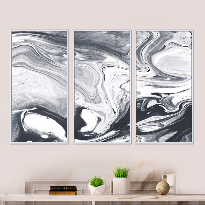 Art liquide noir et blanc - ensemble d'art moderne sur toile encadrée moderne de 3, Cadre blanc, H 32 po x l 48 po x P 1 po