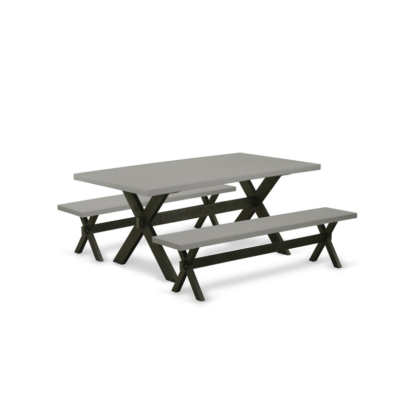 L'ensemble de table de cuisine 3 pièces pour petits espaces comprend une table de salle à manger rectangulaire avec pieds en X et 2 bancs de salle à manger, base noire brossée