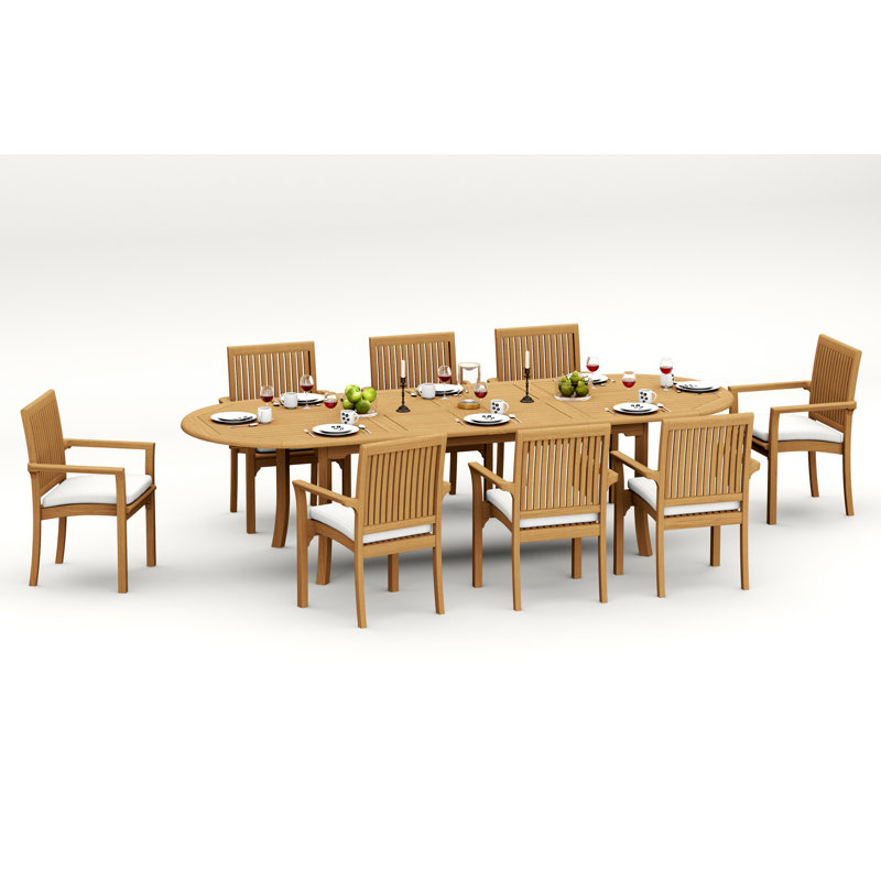 Ensemble de salle à manger 9 pièces en bois de teck de qualité A: table de chevet ovale à tréteaux à double rallonge de 118 po et 8 chaises à accoudoirs empilables Lua # 11LU2708
