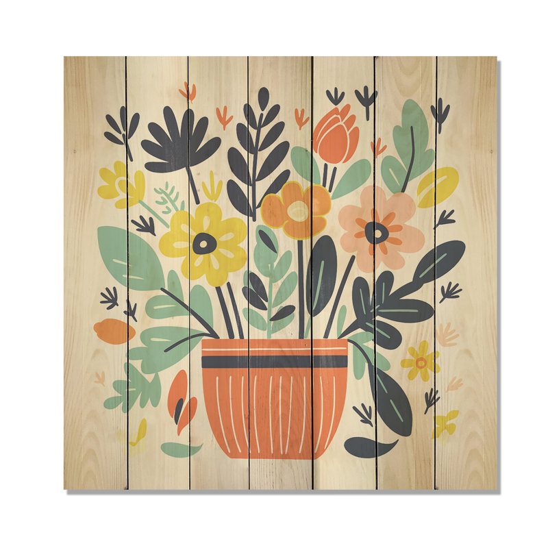 Fleurs de poterie jaunes et vertes en poterie de Bohème sur bois, H 36 po x l 36 po