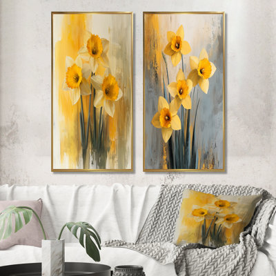 Silencieux jonquille minimaliste fleurs I - Collection d'art mural floral 2 panneaux