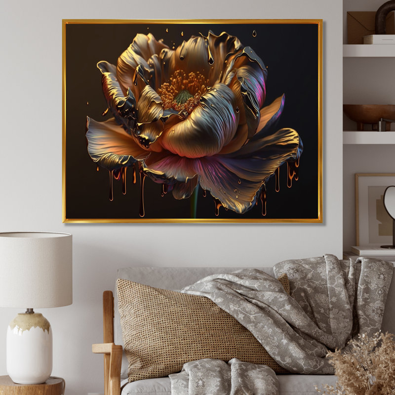 Pivoine arc-en-ciel liquide or I - reproduction sur toile, H 16 po x l 32 po x P 1 po, Cadre flottant doré