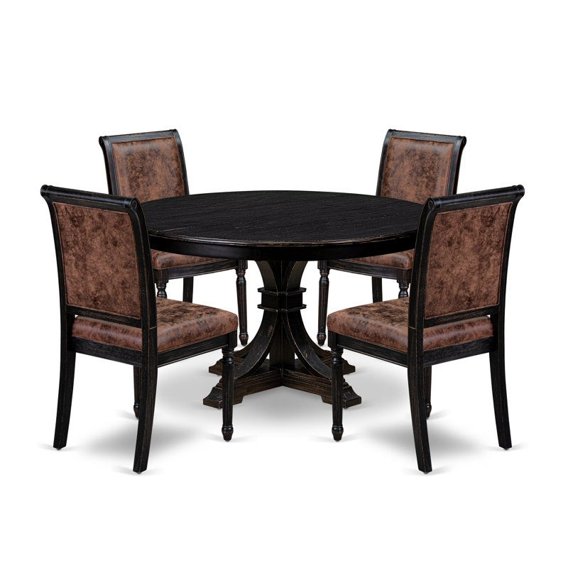 L'ensemble de table de salle à manger 5 pièces se compose d'une table de salle à manger et de 4 chaises rembourrées en polyester brun avec dossier haut - finition sablée