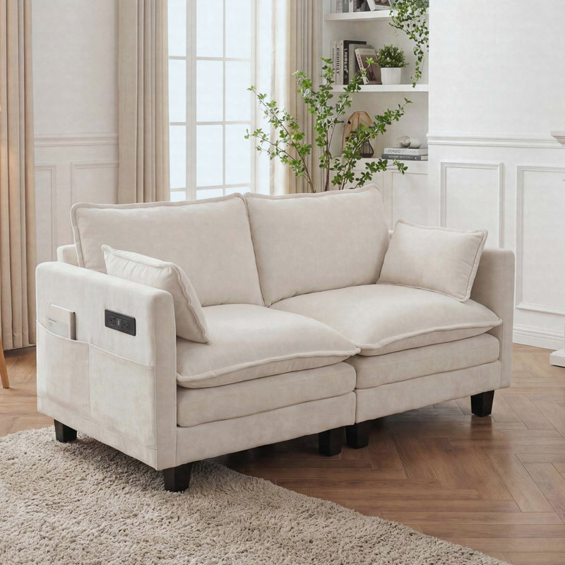 Canapé en chenille beige avec ports USB et poches latérales, canapé compact 2 places, Blanc beige
