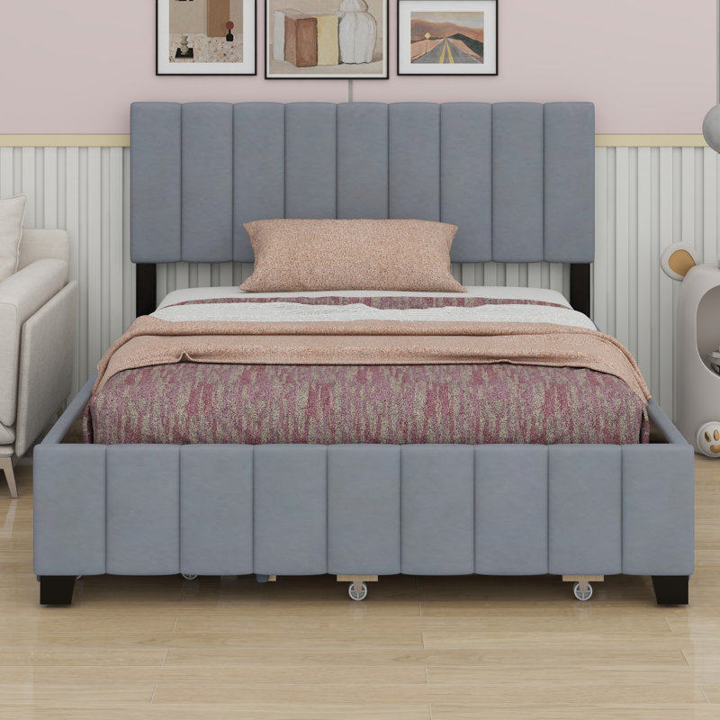 Lit plateforme tapissier avec 2 tiroirs et lit gigogne, gris