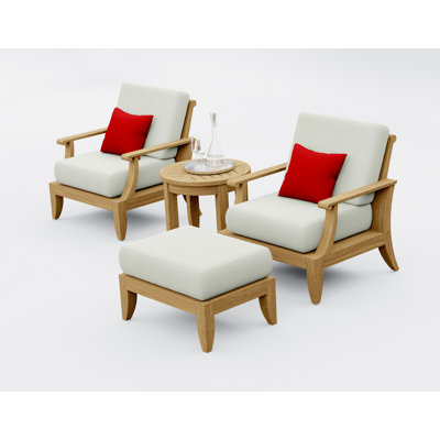 Ensemble de chaises longues en bois de teck 4 pièces Teakstation: 2 chaises longues, repose-pieds et table d'appoint ronde avec coussins en tissu extérieur Sunbrella # 5404
