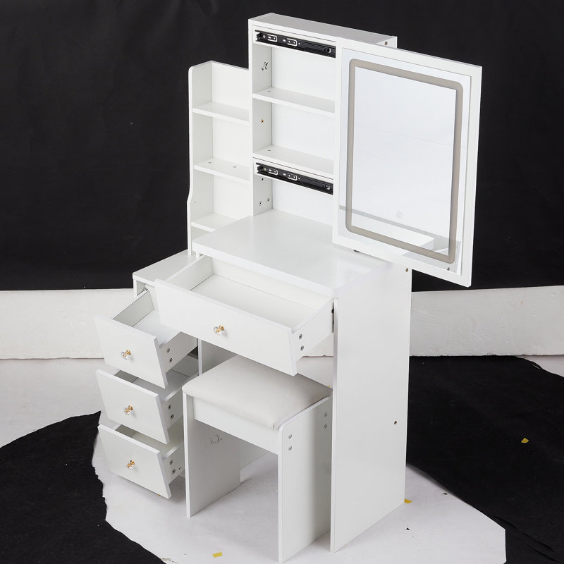 29.2" Small Size Left Bedside Cabinet Vanity Table + Cushioned Stool, Large Sliding, Touch Control, Tri-color Switching, Brightness Adjust LED Mirror, High Capacity Storage, Suitable for Small Space